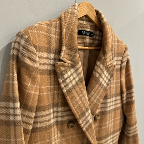 NWT Lauren Ralph Lauren Plaid Double Breasted Reefer Coat In Camel, Size 10 - Picture 6 of 13